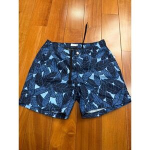 Onia The Calder Swim Trunks Mens Blue Leaf Print Mesh Lined Shorts Size L